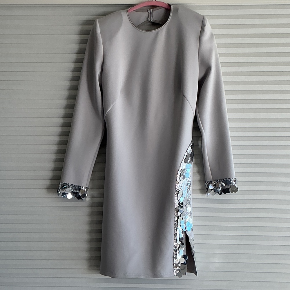 Chic Long Sleeve Gray Dress with Sequin Detail